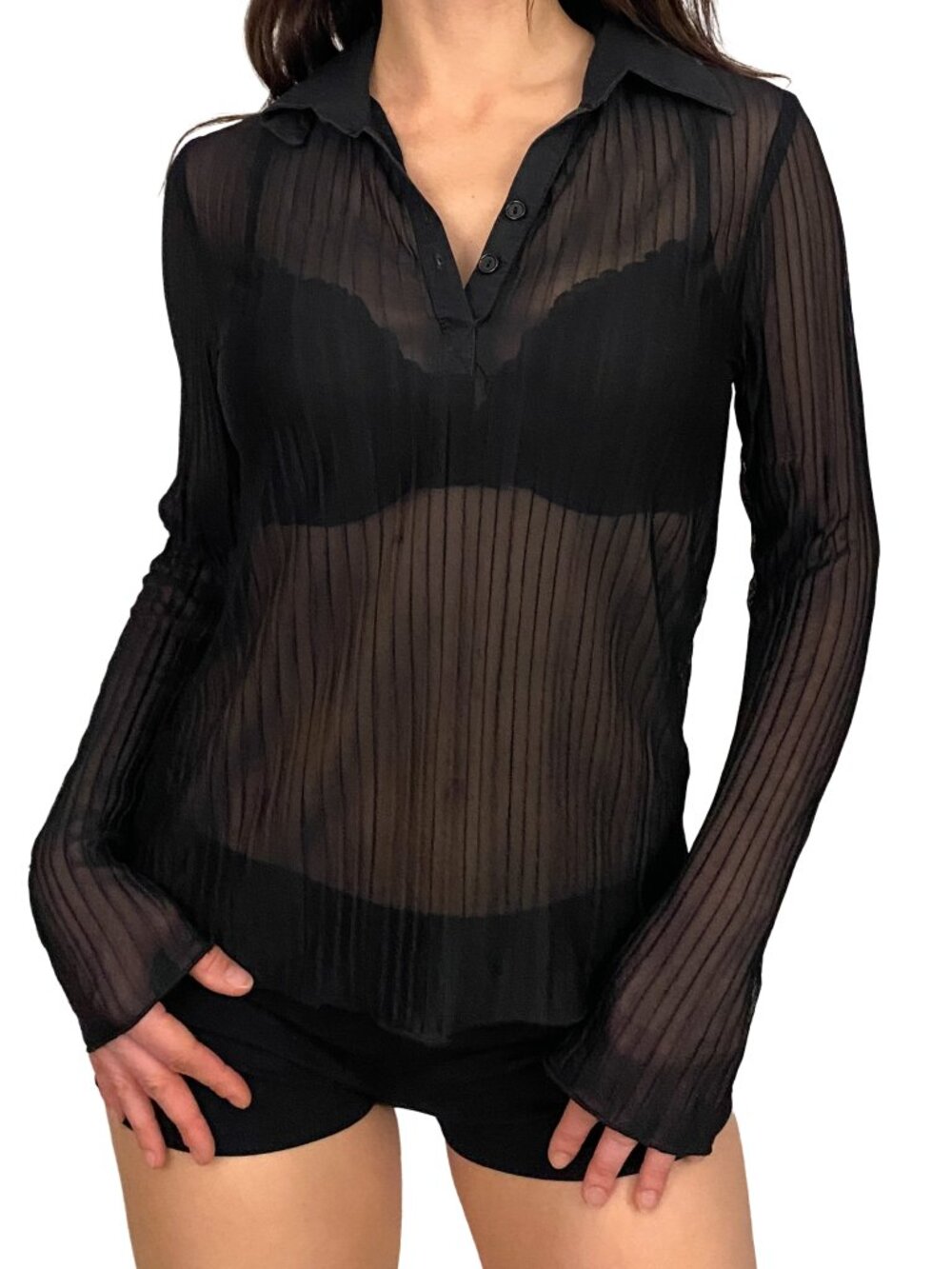 y2k charlotte russe black sheer accordion pleated collared blouse